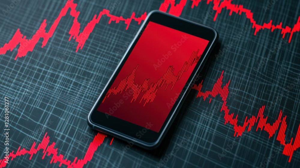 Poster smartphone displaying red heartbeat graph on dark background, symbolizing health monitoring and tech
