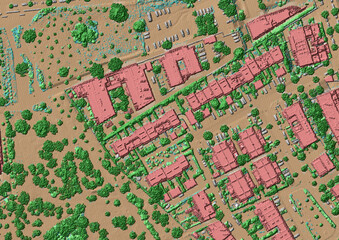 Concept de fond géographique - Données lidar HD - Vue aérienne de la topographie d'un territoire urbain - Rendu 2d modèle numérique de terrain et nuage de points Lidar HD