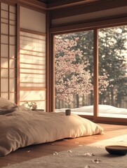 A tranquil bedroom featuring a Japanese style interior design