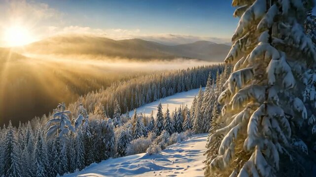 Breathtaking view of a snowy mountain range with sun rays passing through the trees