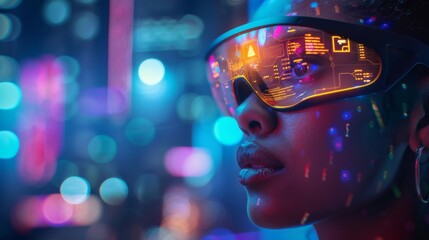 A person wearing high tech glasses is immersed in a vibrant digital environment. The glasses display various health related metrics, highlighting the intersection of technology and mental health.
