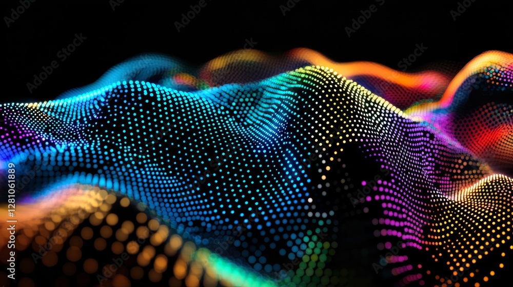 Poster a digital particle wave and lights set against a black and white abstract trapcode form background, 
