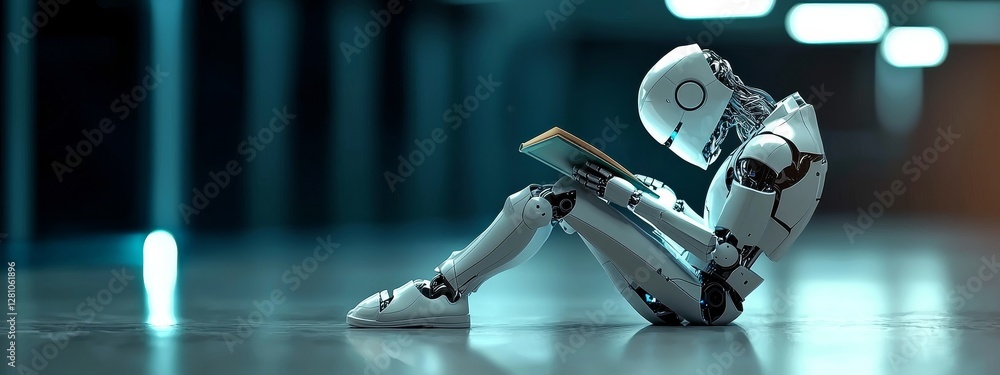Poster a robotic cyborg is shown reading a book in a 3d rendering with a blue background and a banner that 