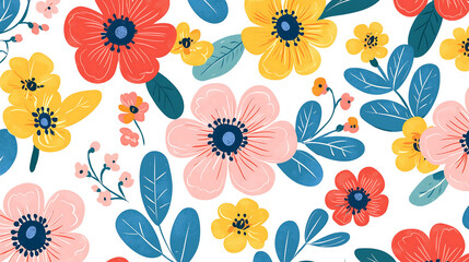 Colorful Spring Flower Pattern with Red Pink Yellow Blooms on White Background Nature Illustration Design