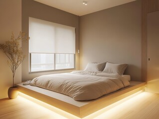 A modern interior design bedroom with focused lighting