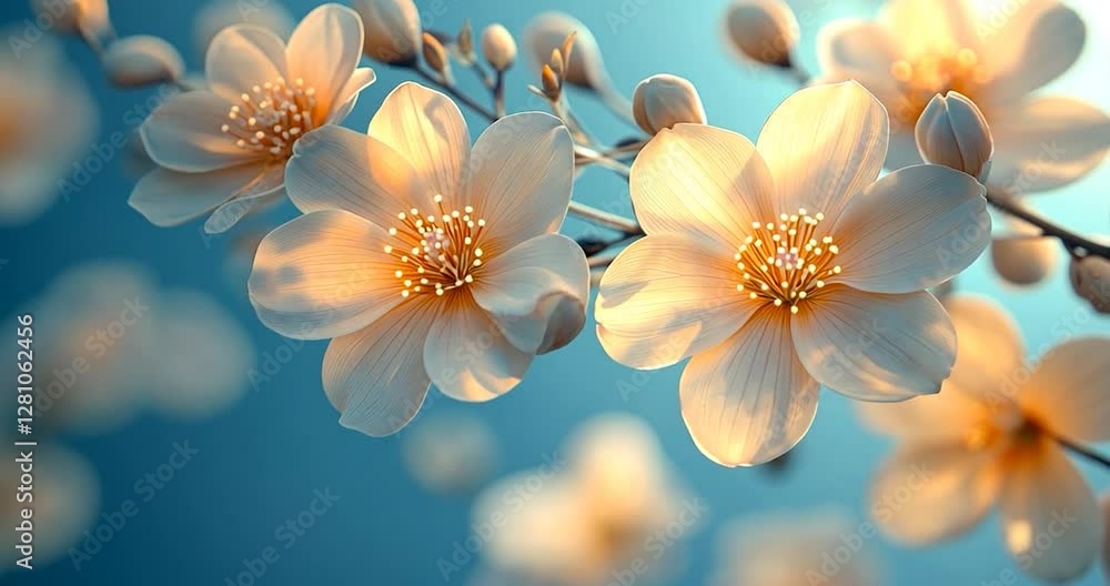 Poster close-up of white blossoms on a branch with blue background and soft lighting