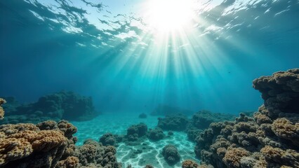 Fototapeta premium Sunlit underwater view of coral reef experiencing coral bleaching in ocean 