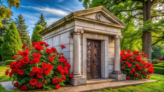 Elegant marble mausoleum surrounded by blooming red roses and lush greenery, conveying a sense of serenity and peacefulness, floral arrangement, cemetery