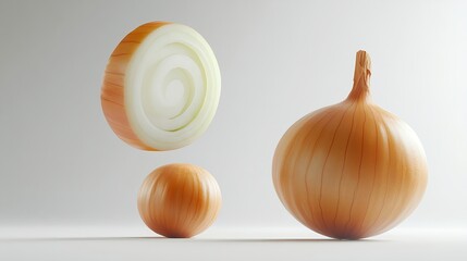 Golden Onion Slices on White Background with Whole Onions