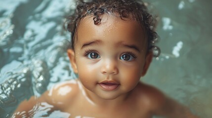 A cherubic baby floats in calm water, gazing upwards with bright, expressive eyes. The atmosphere feels playful and serene, capturing the essence of childhood exploration and joy