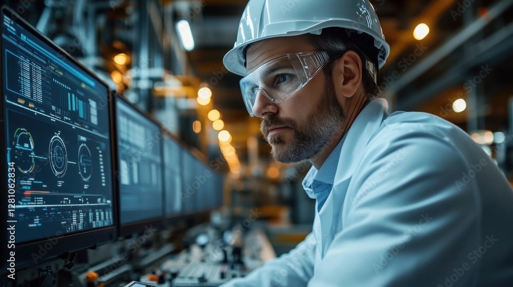 Poster professional engineer in laboratory setting analyzing data on computer screens with industrial machi
