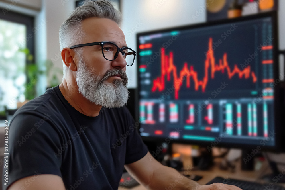Aufkleber Man analyzes stock market data on computer financial charts in background thoughtful expression