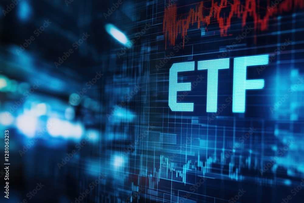 Poster exchange traded fund is shown with lines of stock values plotted on graph in futuristic digital styl