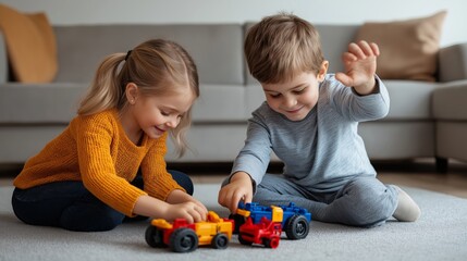 Children joyfully play together with colorful toy cars on the living room floor.