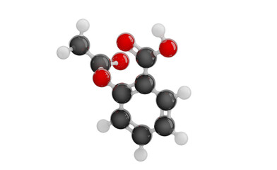 Molecule of Aspirin. Molecular formula: C9H8O4. Chemical model: Ball and stick. Isolated. Transparent background. PNG. 3D illustration