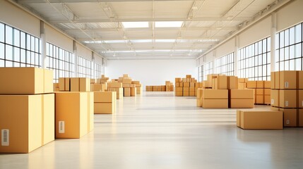 A spacious warehouse filled with neatly stacked cardboard boxes under bright, natural light from large windows.