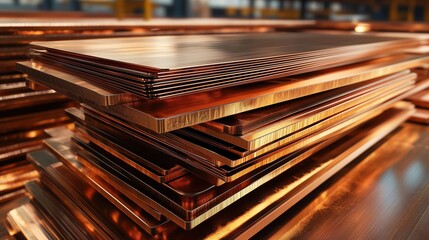 Close-Up View of Piled Copper Sheets in Industrial Warehouse Setting Illuminating the Metal Texture and Reflective Surface, Perfect for Manufacturing and Material Development