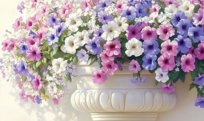 Fototapeta premium A vibrant arrangement of blooming petunias in a decorative planter against a soft background