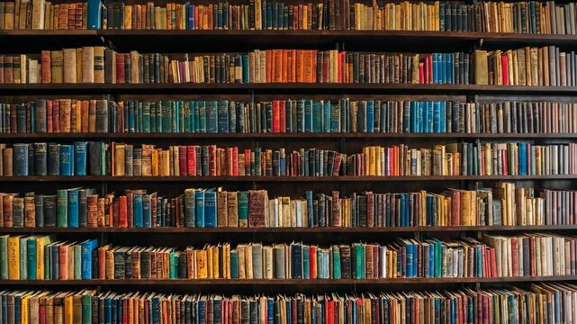 Classic library with old books on wooden shelves, knowledge resource background