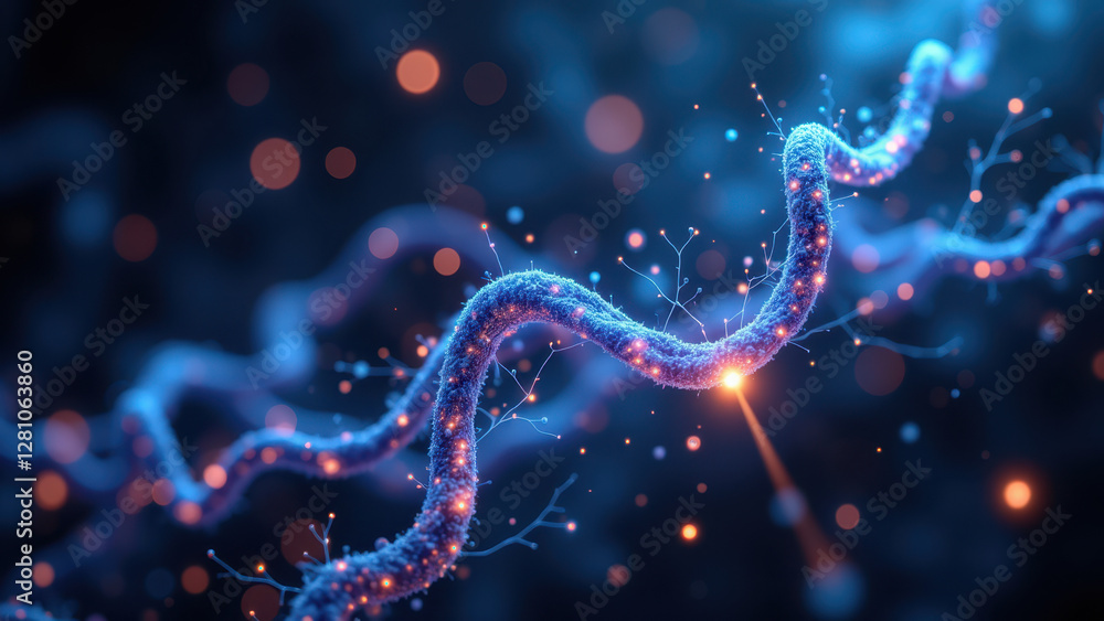 Poster a digital illustration of a neuron with highlighted dendrites, representing the action mechanism of 