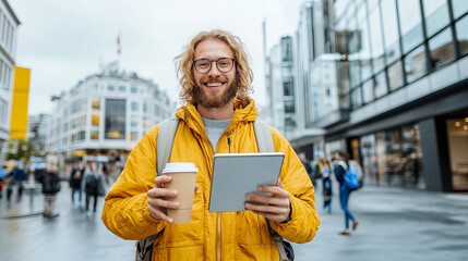 cheerful man with curly hair holds tablet and coffee cup while walking in city. He wears yellow jacket and glasses, surrounded by modern buildings and pedestrians