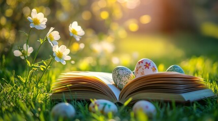 An open book with Easter eggs on the grass, flowers in the background.