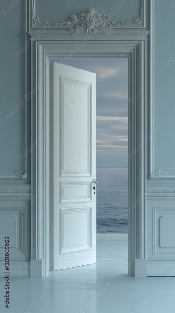 Aufkleber a white door stands ajar in a soft-colored room, unveiling a stunning view of calm waters beyond. th