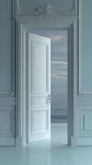 A white door stands ajar in a soft-colored room, unveiling a stunning view of calm waters beyond. The light spills into the space, creating a serene atmosphere that inspires peace