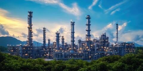 Fototapeta premium Industrial Complex with Smokestacks and Towers under a Dramatic Sky during Dusk, Surrounded by Lush Greenery and Mountains in the Background