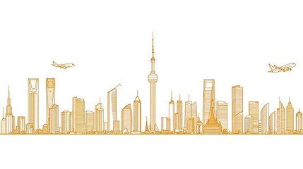 Obraz premium Simple Vector Line Art of City Skyline with Skyscrapers and Train