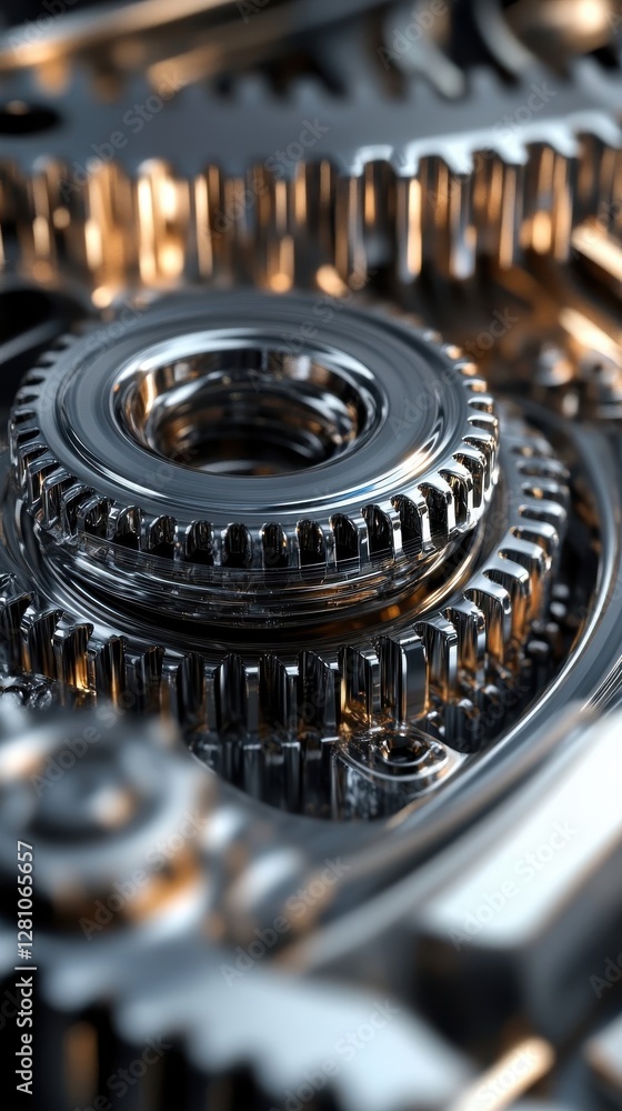 Poster polished metal gears interlocking precisely in complex machine