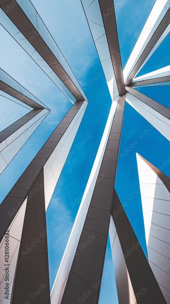 Poster abstract shot of architectural lines and geometric metallic structures under a clear blue sky, showc