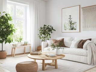 Beautiful bright living room with natural style decor
