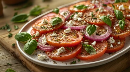 Roasted heirloom tomatoes, fresh basil, feta cheese, and red onion rings are artfully arranged on a white plate, capturing vibrant Mediterranean flavors under golden hour lighting.