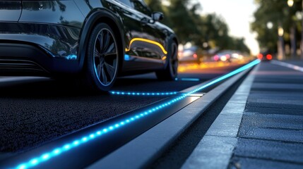 A wireless fast-charging pad embedded in a smart road, recharging electric cars as they drive