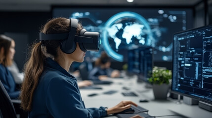 woman using virtual reality headset in tech workspace, focused on data analysis and digital interfaces. environment is modern and high tech, showcasing advanced technology
