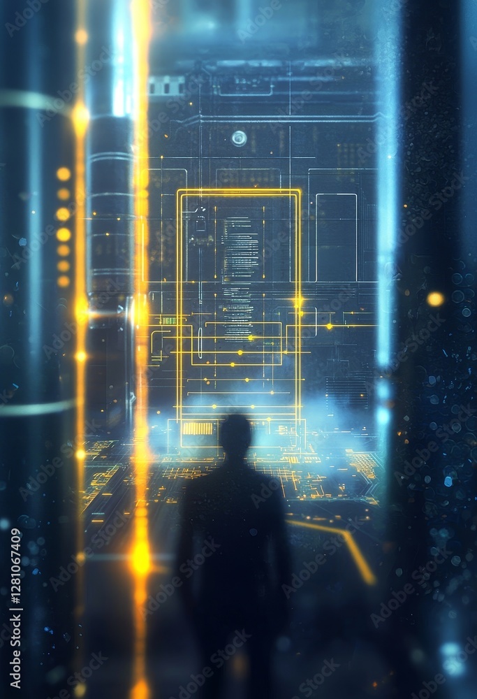 Poster a sci-fi illustration painting features a robot using a futuristic computer in the midst of a city s