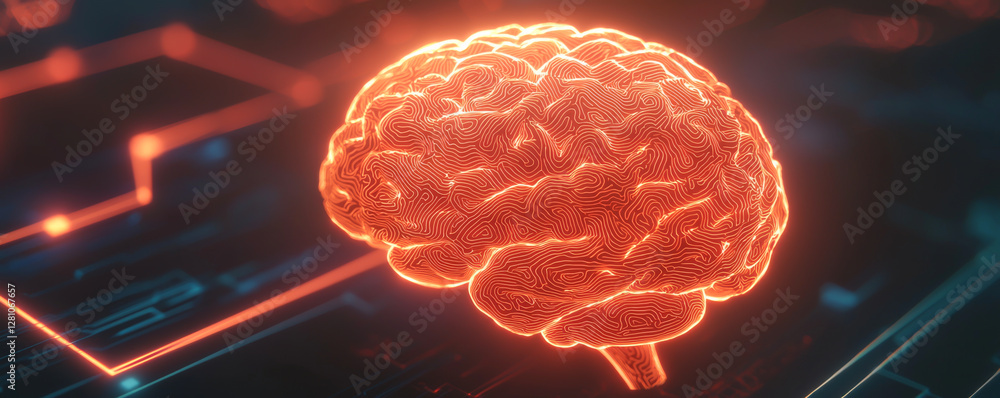 Poster digital representation of a glowing brain on a tech background, symbolizing intelligence.