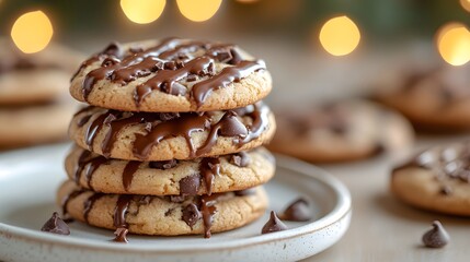 Stacked chocolate chip cookies with melted chocolate drizzle are showcased on a white plate, set against a soft pastel yellow background for a dreamy, minimalist composition.