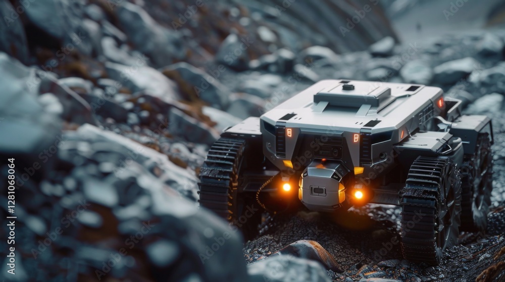 Poster a robotic vehicle maneuvers over a rocky surface in a rough landscape under dim lighting as the day 