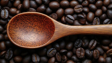 Fototapeta premium Wooden Spoon Resting on Dark Coffee Beans in a Rustic Setting Showcasing Natural Textures and Rich Coffee Aroma