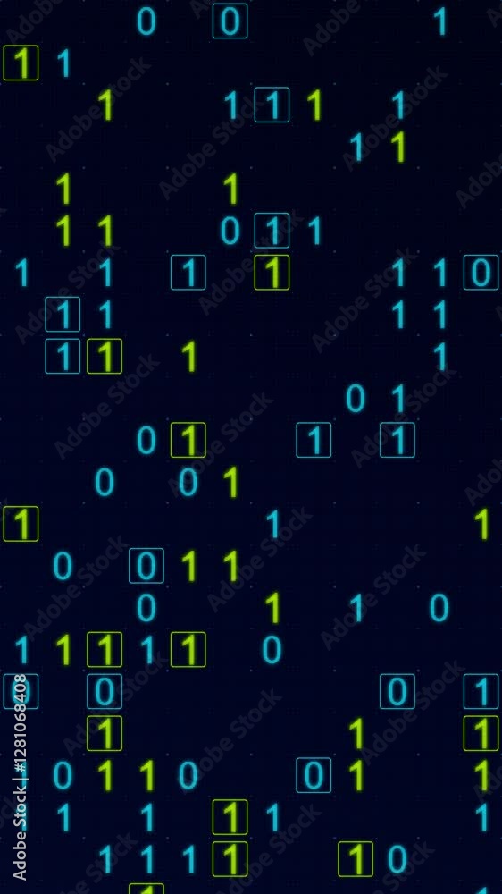 Poster blue glowing binary matrix on a grid. texture animation, vertical composition. technology motion gra