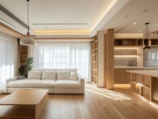 Fototapeta premium Minimalist Interior Shows White Sofa and Kitchen In Light Wood