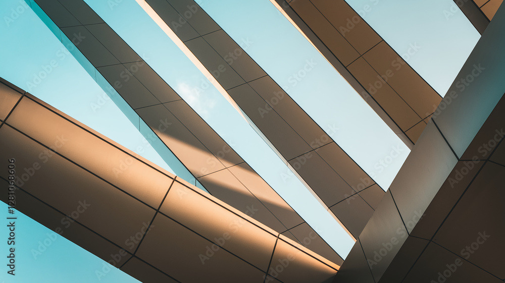 Poster dynamic architectural composition of intersecting lines and metallic surfaces creating a geometric p