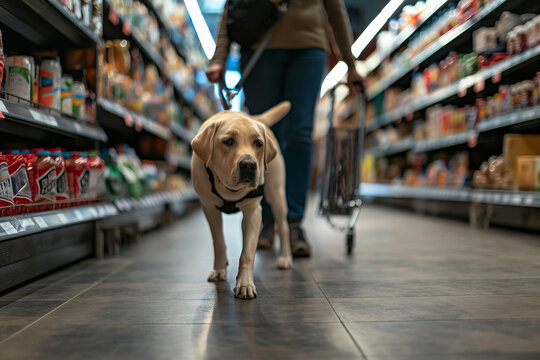 A blind man with his guide dog entering a grocery store, navigating the aisles with confidence.