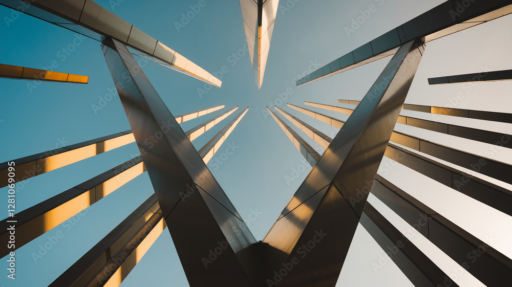 Poster a dynamic architectural design showcasing intersecting metallic beams pointing upwards against a cle