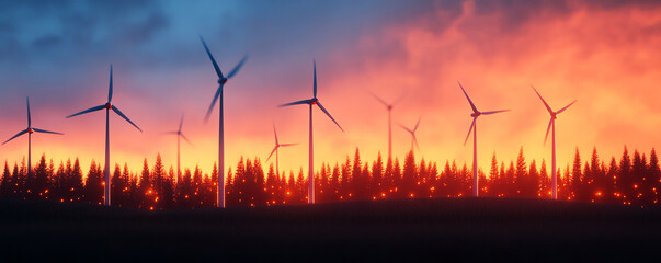 Obraz premium Wind turbines silhouette against vibrant sunset sky, with forest below capturing the fiery horizon.