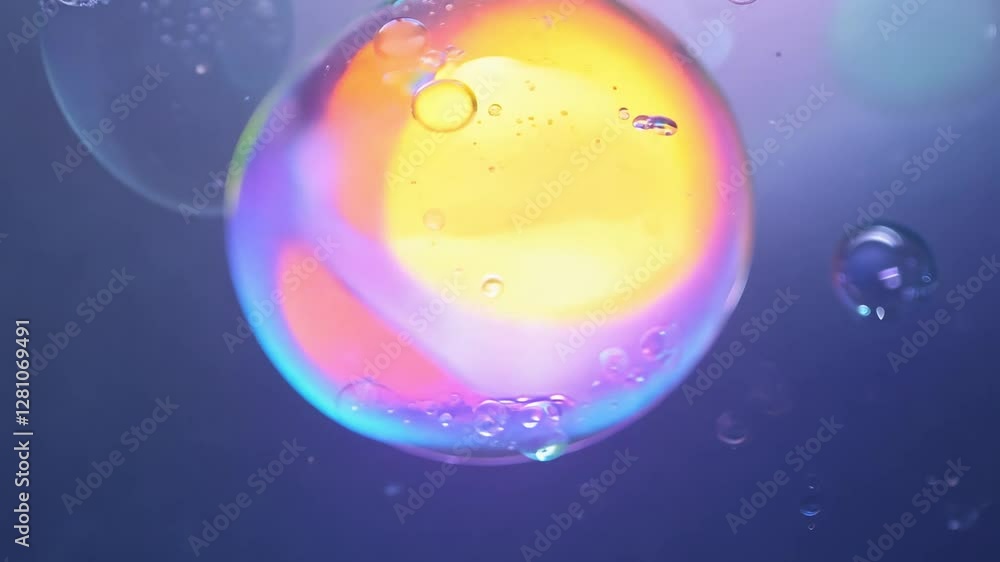 Poster rotating video of a backlit bubbles with subtle color shift, against a minimalistic blurred backgrou