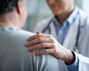 A close-up shot of a doctor comforting a patient by placing a hand on their shoulder, symbolizing empathy, care, and compassion in healthcare settings.