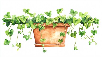 Watercolor Painting of Lush Green Vines on Terracotta Wall